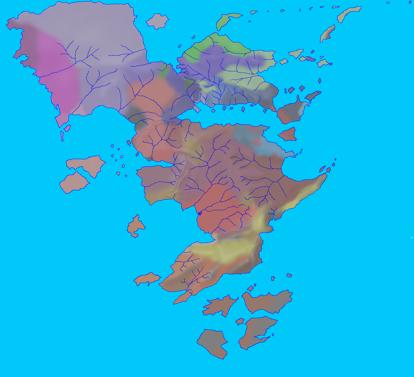 An image of the main continent in my world with the linguistic groups marked